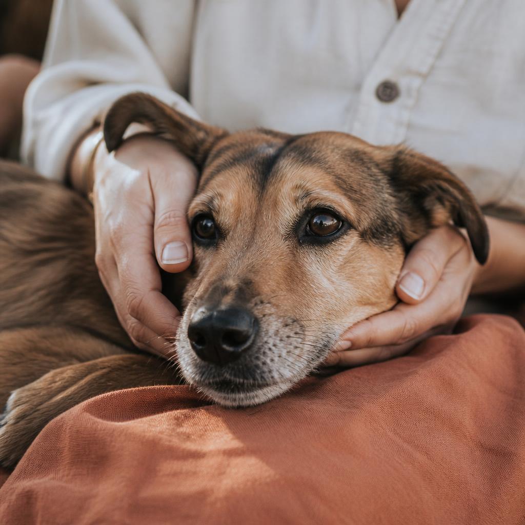 Mains d'une personne tenant tendrement le visage d'un chien, moment d'intimité et de confiance